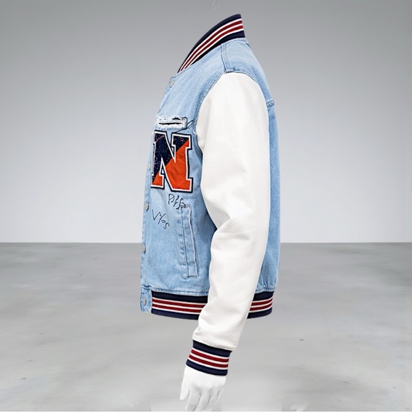 Fashion Nova Men’s Light Blue & White Graffiti Denim Varsity Jacket - Picture 6 of 13